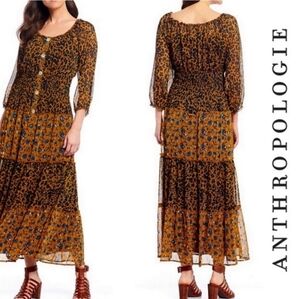 Anthropologie Mustard Brown Leopard & Floral Long Sleeve Tiered Maxi Dress
